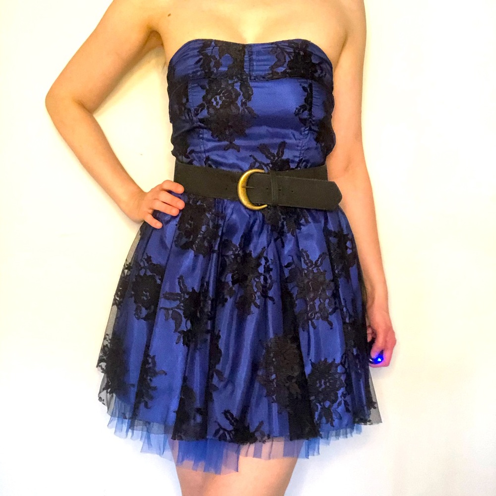 LF Royal Blue Party Dress with Black Lace Overlay